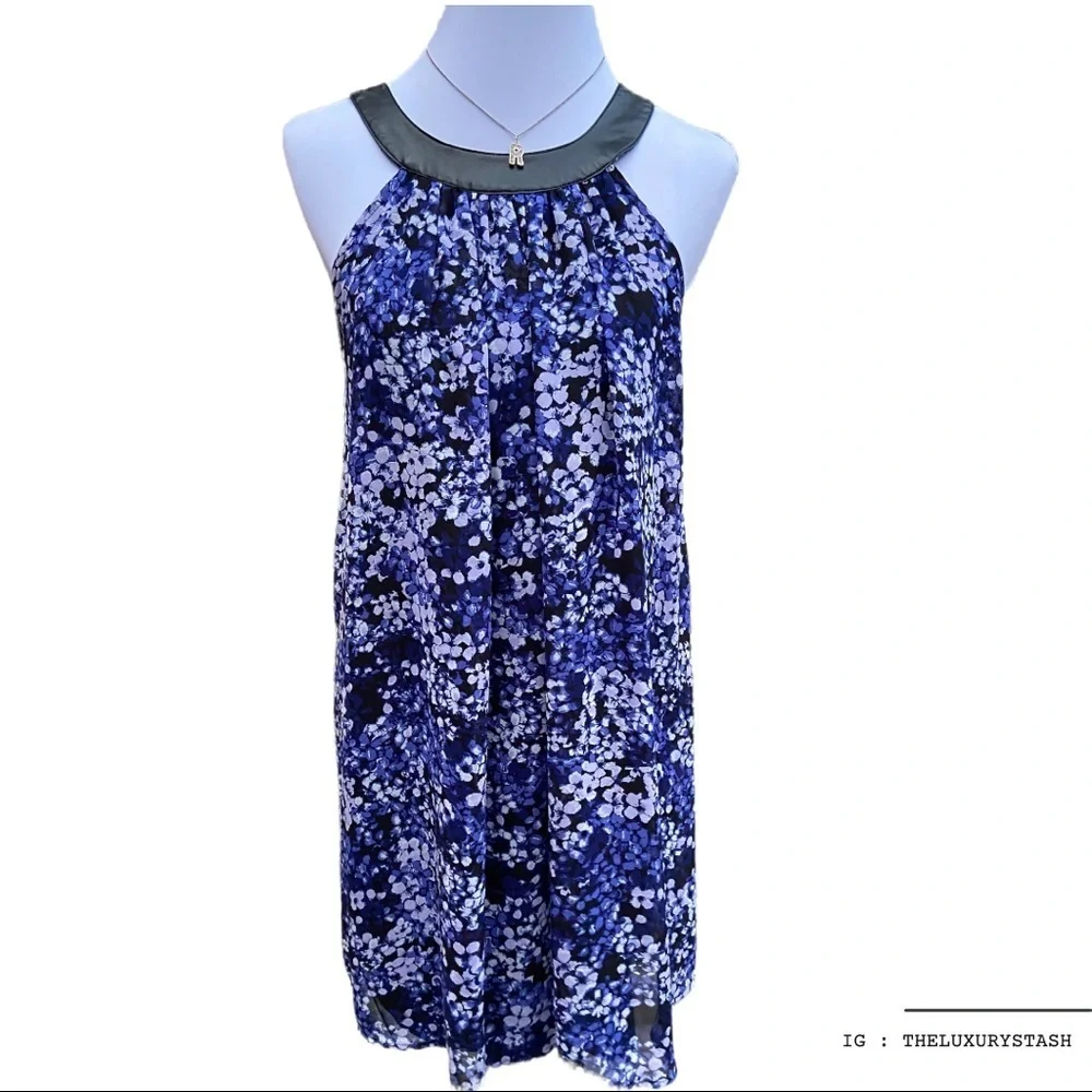 CHARMING CHARLIE floral A line flowy dress with faux leather collar​​
